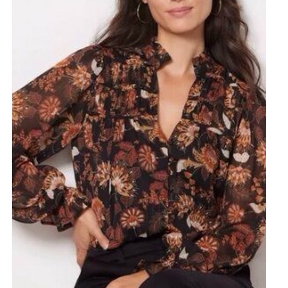 Evereve Floral Blouse S Black Brown Metallic Ruffle Boho Whimsigoth Romantic